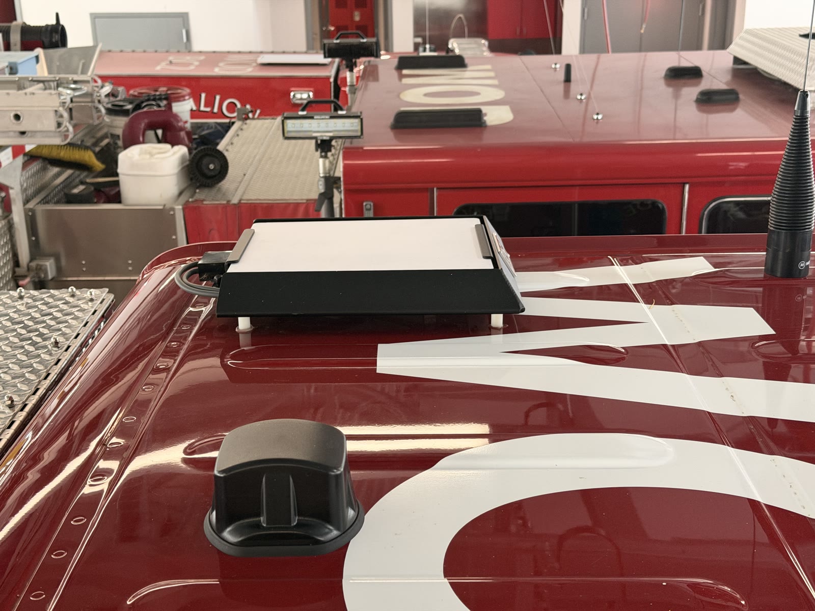 Starlink mount and cellular puck on a Woodside Fire engine
